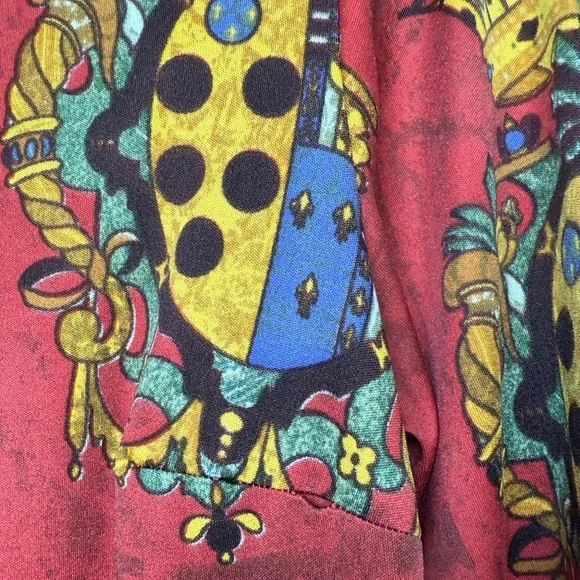 Vintage 90s Red Baroque Crest Maxi Dress Mock Neck Long Sleeve Slit Size S M - Picture 5 of 7